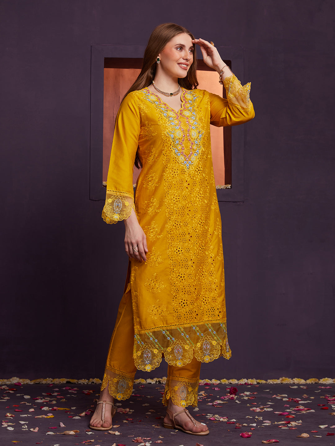 Yellow Schiffli and Multi Embroidered Kurta Set with Floral Printed Dupatta