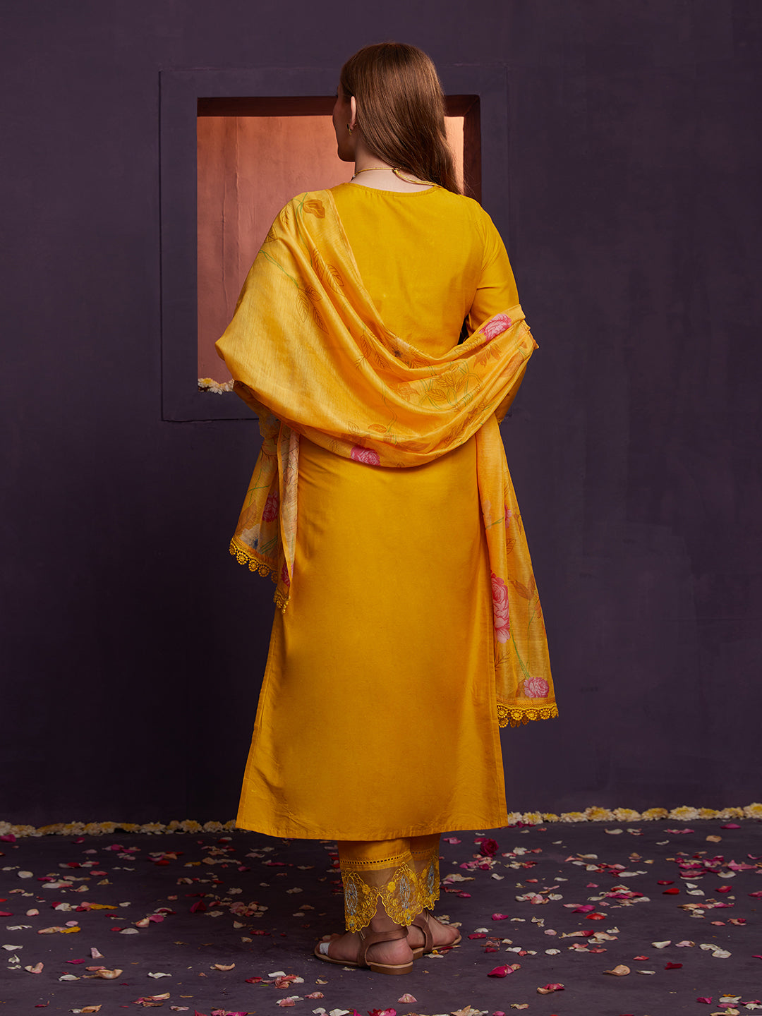 Yellow Schiffli and Multi Embroidered Kurta Set with Floral Printed Dupatta