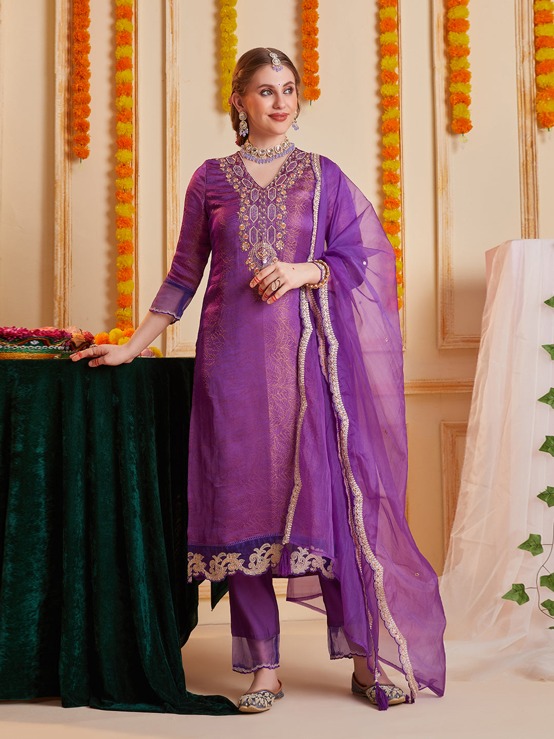 Purple Multi Embroidered Kurta Set with Organza Dupatta