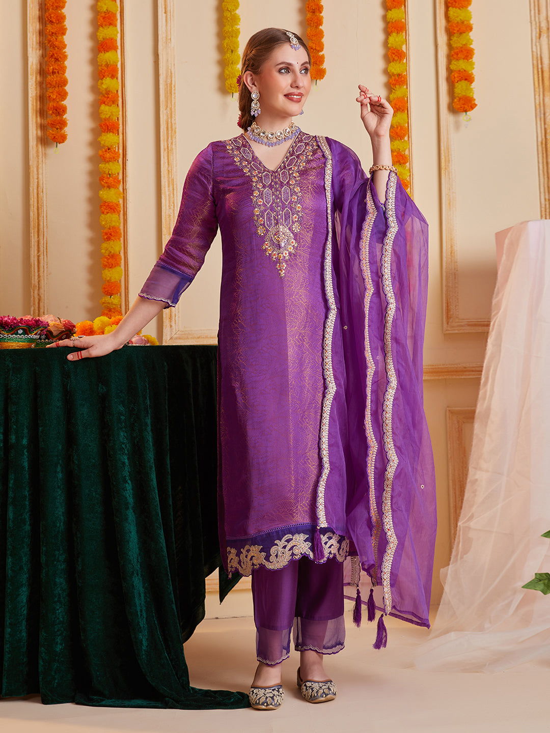 Purple Multi Embroidered Kurta Set with Organza Dupatta
