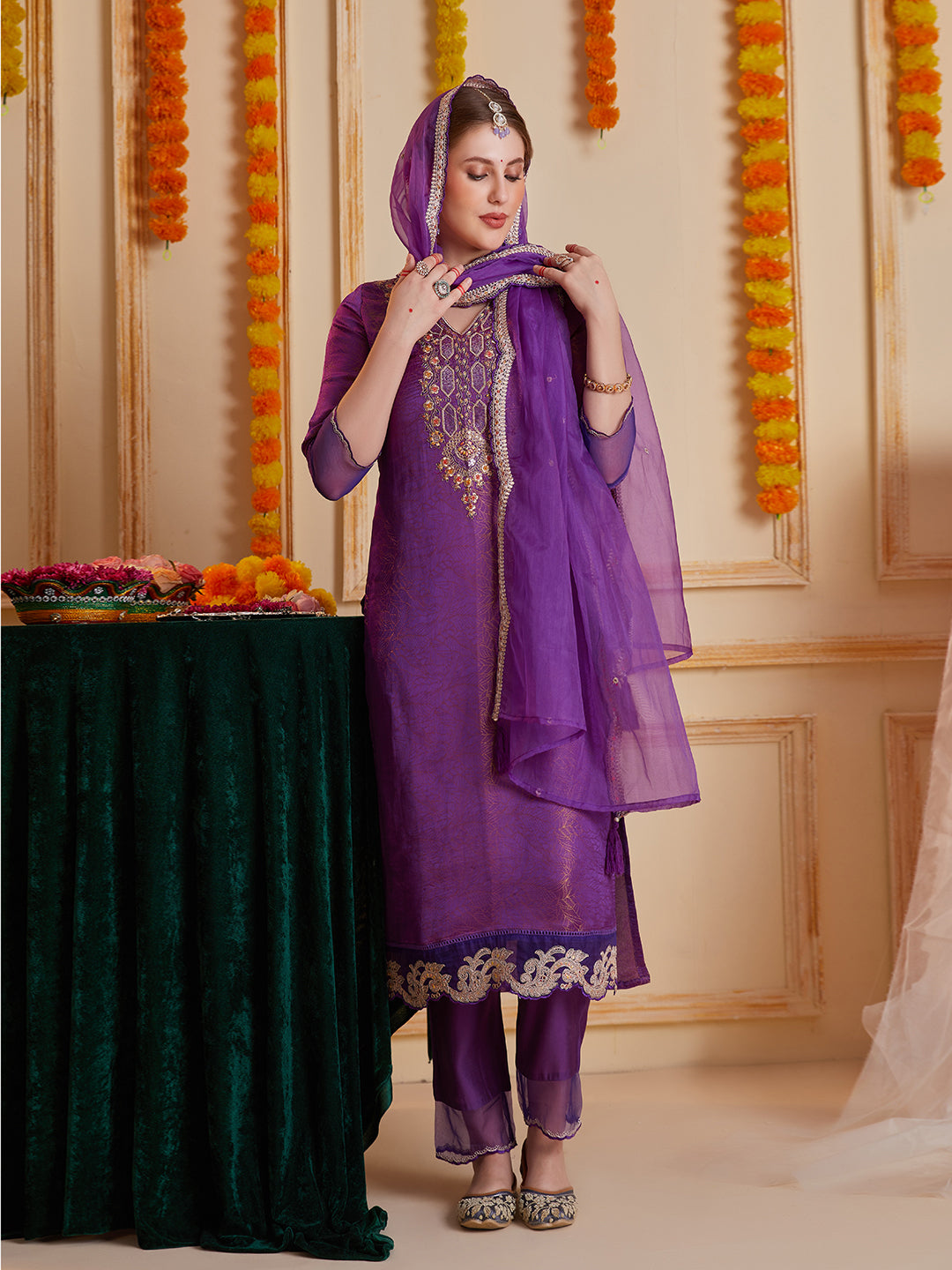 Purple Multi Embroidered Kurta Set with Organza Dupatta