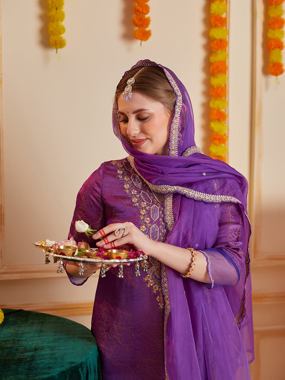 Purple Multi Embroidered Kurta Set with Organza Dupatta