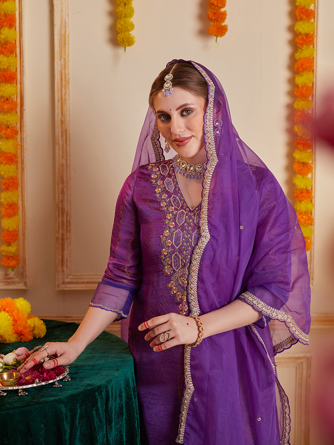 Purple Multi Embroidered Kurta Set with Organza Dupatta