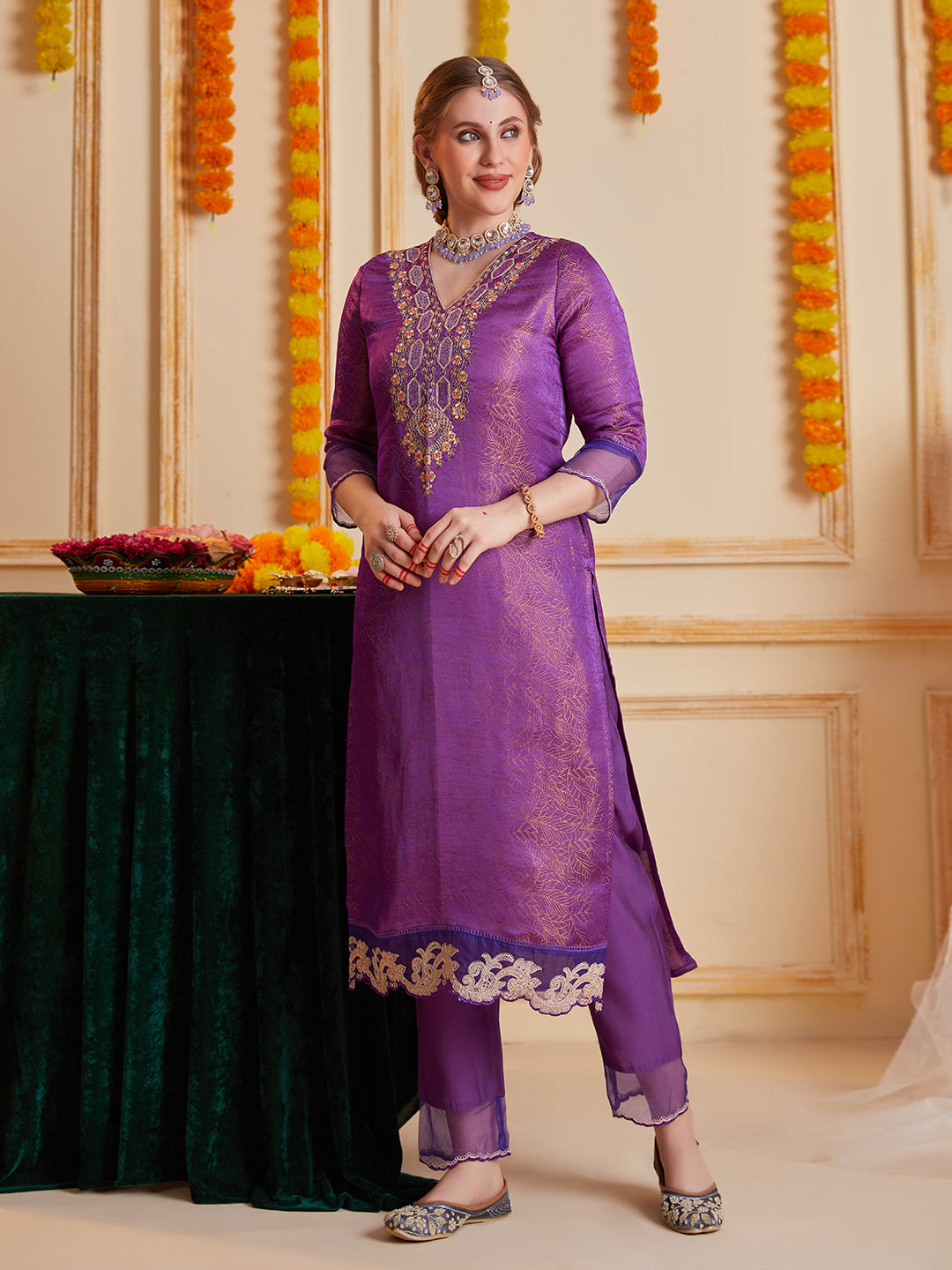 Purple Multi Embroidered Kurta Set with Organza Dupatta