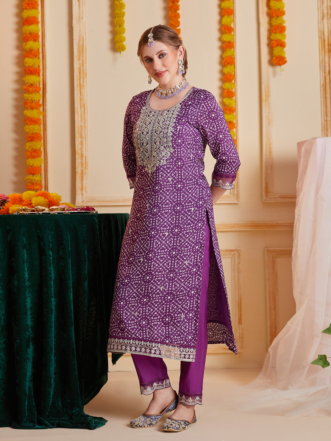 Purple Bandhani Printed and Multi Embroidered Kurta Set with Organza Dupatta