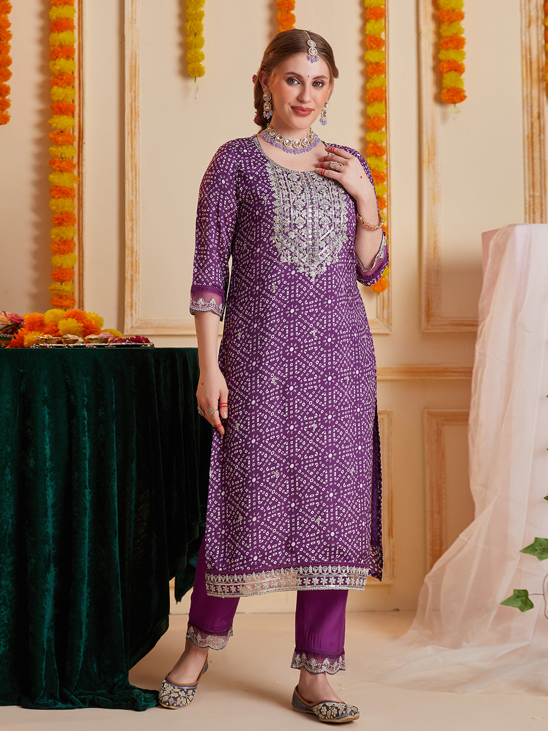 Purple Bandhani Printed and Multi Embroidered Kurta Set with Organza Dupatta