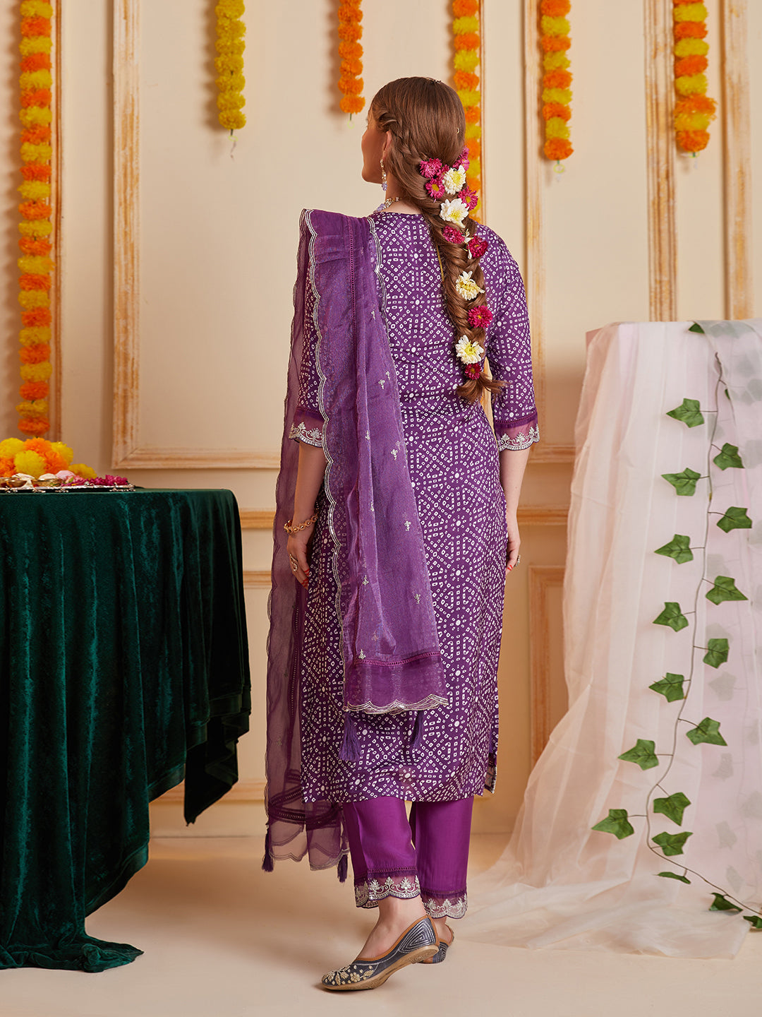 Purple Bandhani Printed and Multi Embroidered Kurta Set with Organza Dupatta