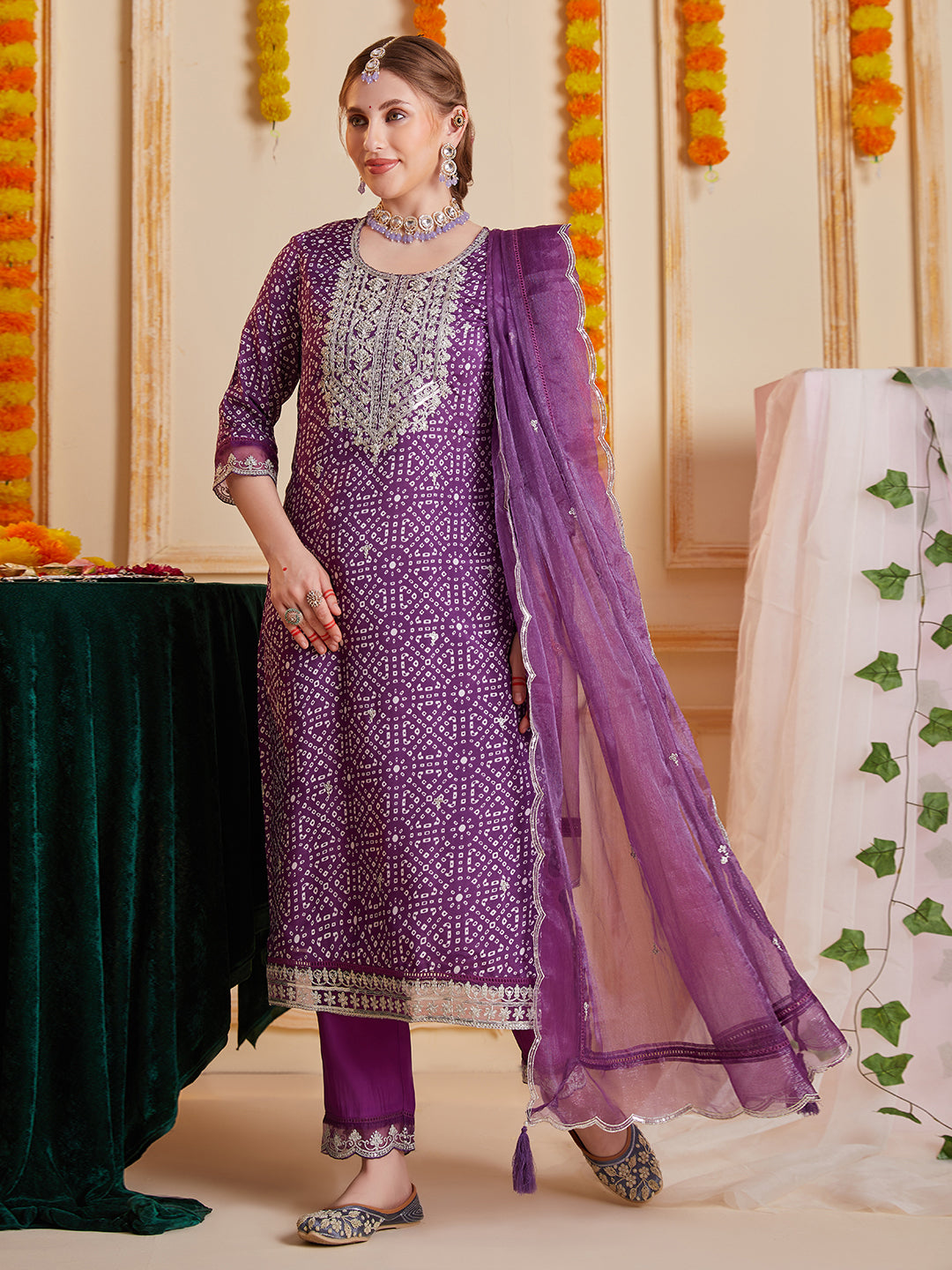 Purple Bandhani Printed and Multi Embroidered Kurta Set with Organza Dupatta