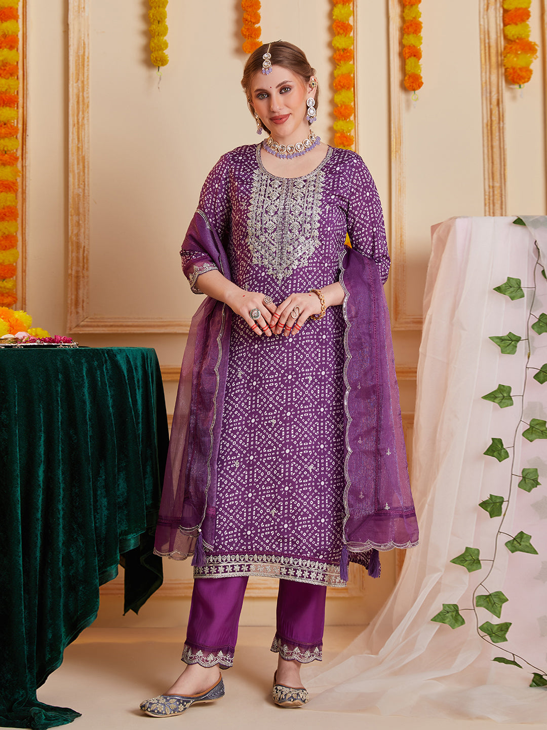 Purple Bandhani Printed and Multi Embroidered Kurta Set with Organza Dupatta
