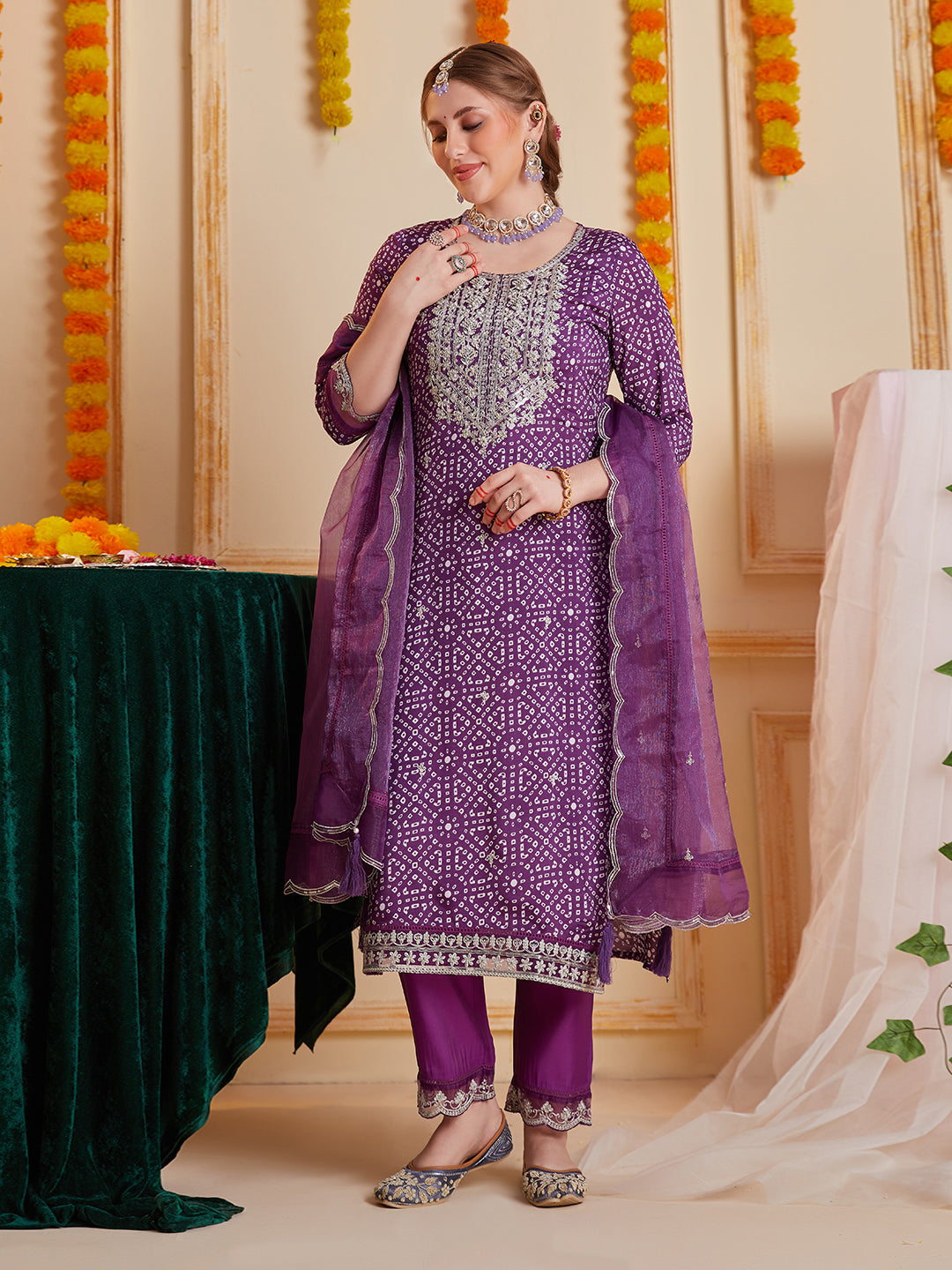 Purple Bandhani Printed and Multi Embroidered Kurta Set with Organza Dupatta