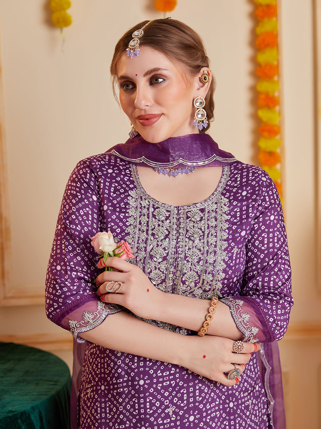 Purple Bandhani Printed and Multi Embroidered Kurta Set with Organza Dupatta