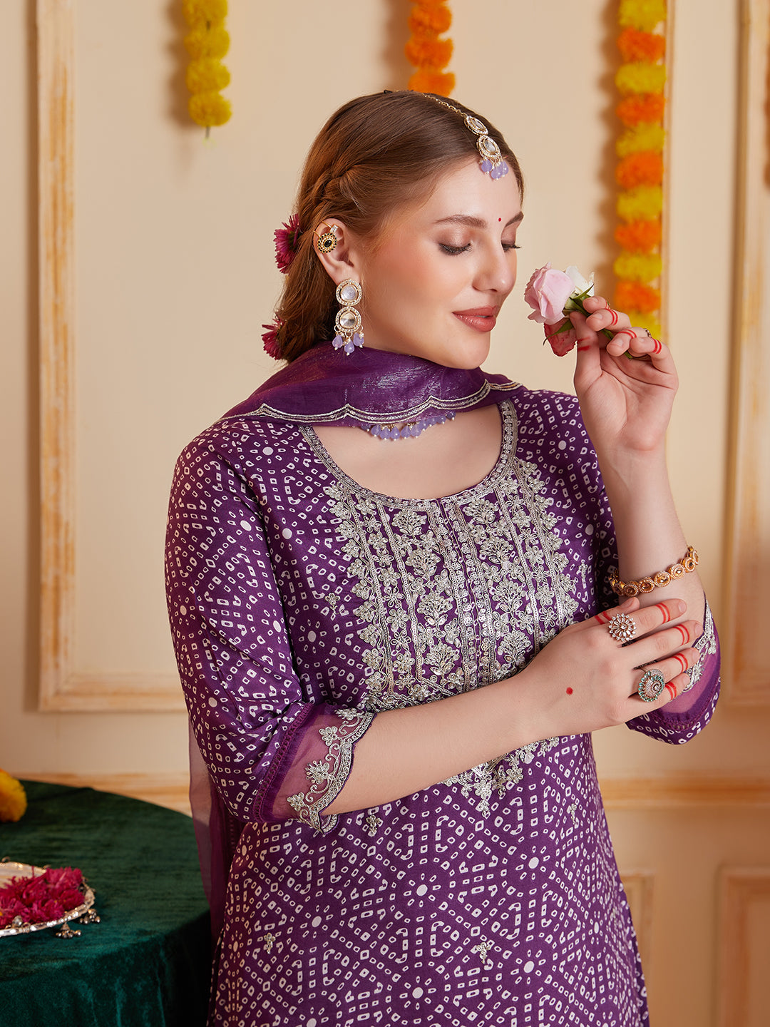 Purple Bandhani Printed and Multi Embroidered Kurta Set with Organza Dupatta