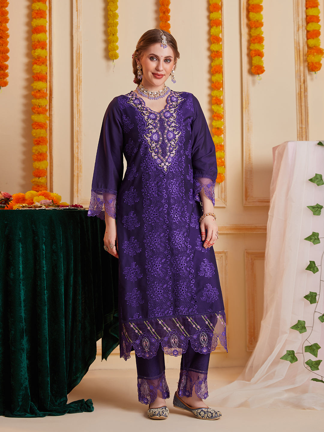 Purple Schiffli and Multi Embroidered Kurta Set with Floral Printed Dupatta