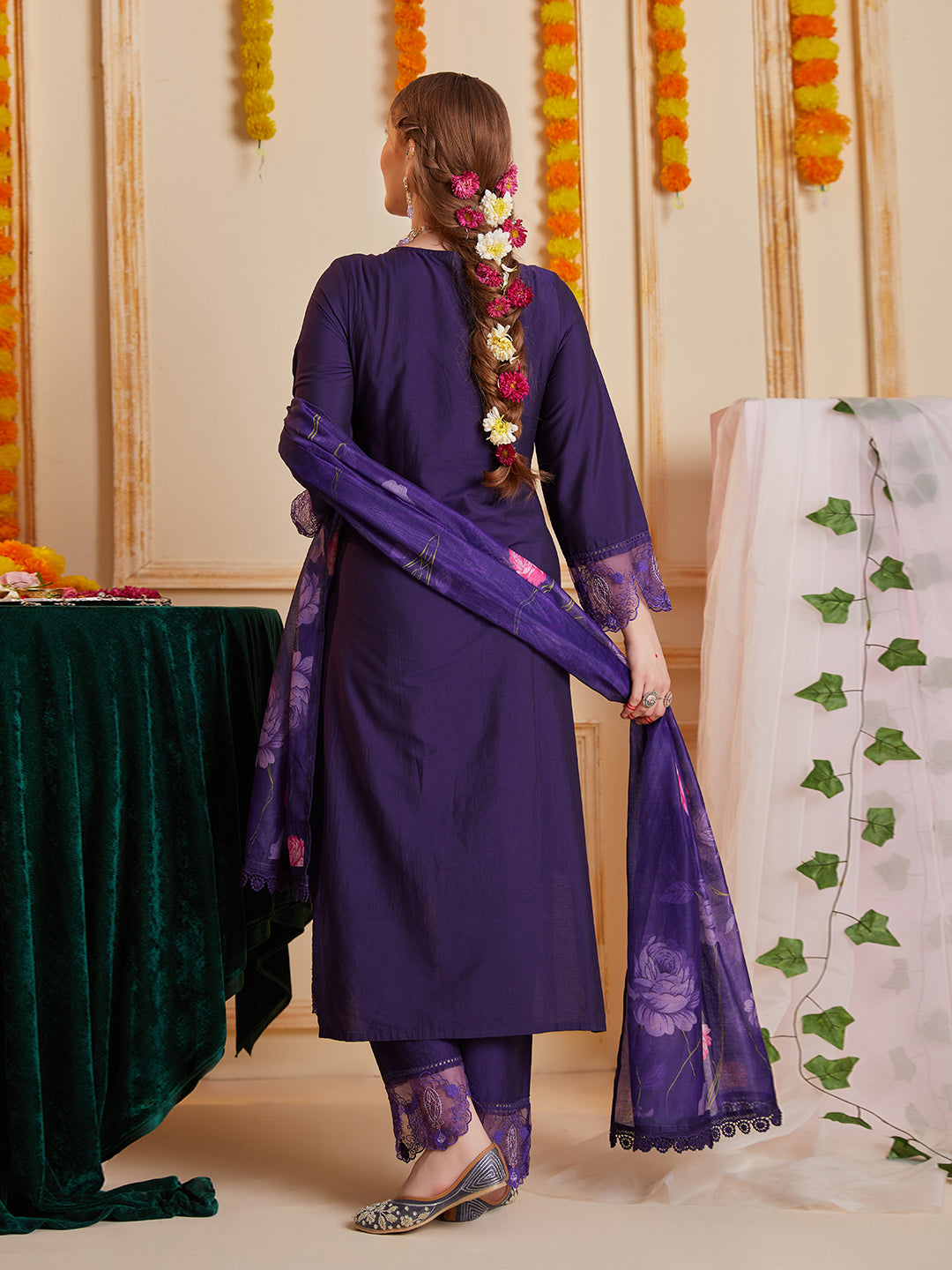 Purple Schiffli and Multi Embroidered Kurta Set with Floral Printed Dupatta