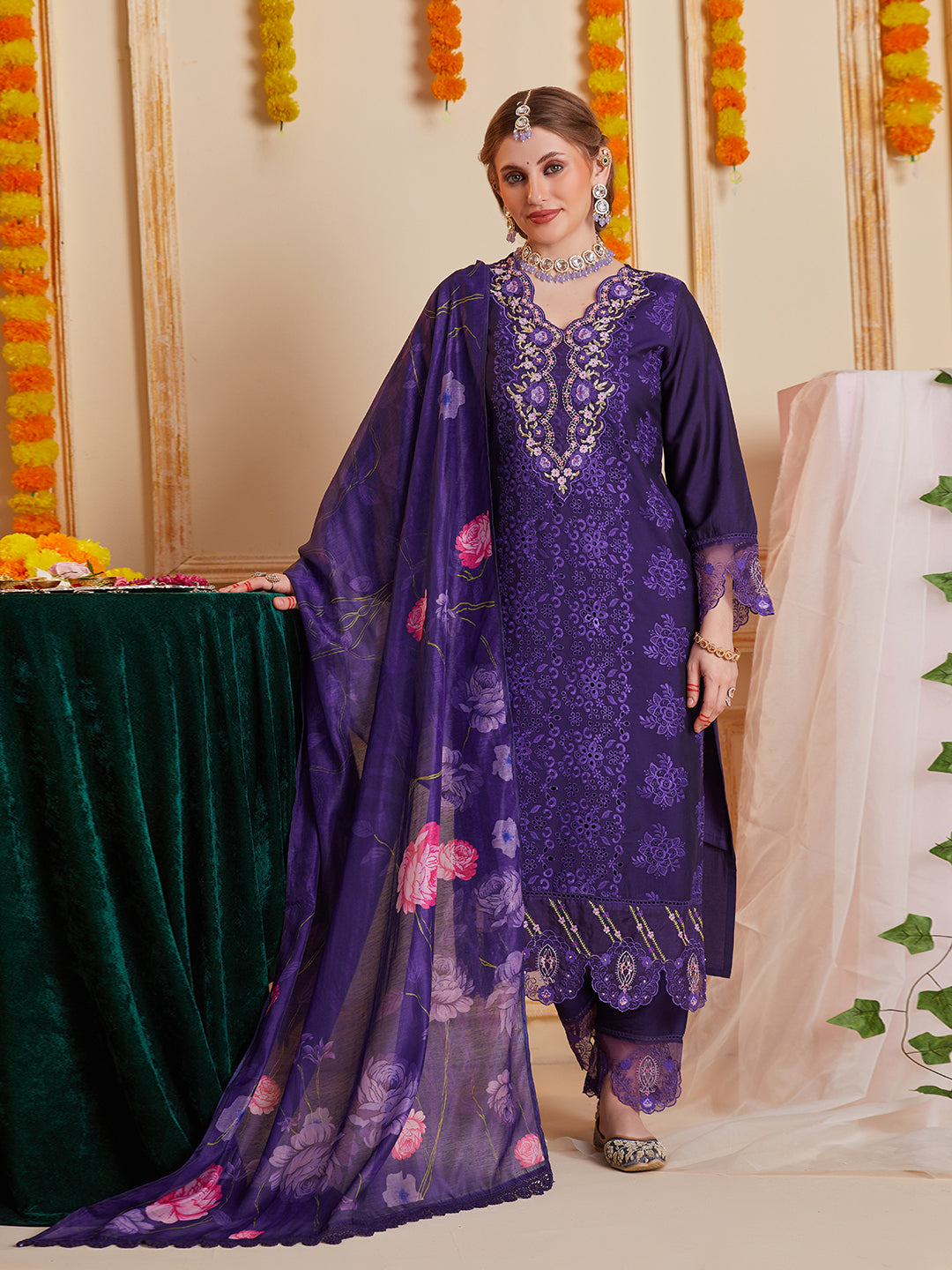 Purple Schiffli and Multi Embroidered Kurta Set with Floral Printed Dupatta