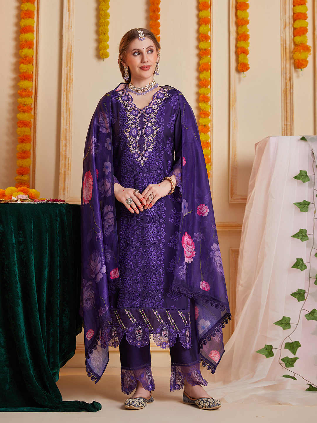 Purple Schiffli and Multi Embroidered Kurta Set with Floral Printed Dupatta