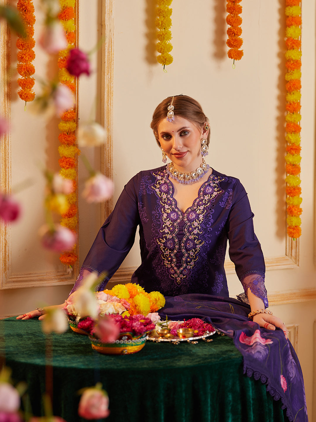 Purple Schiffli and Multi Embroidered Kurta Set with Floral Printed Dupatta