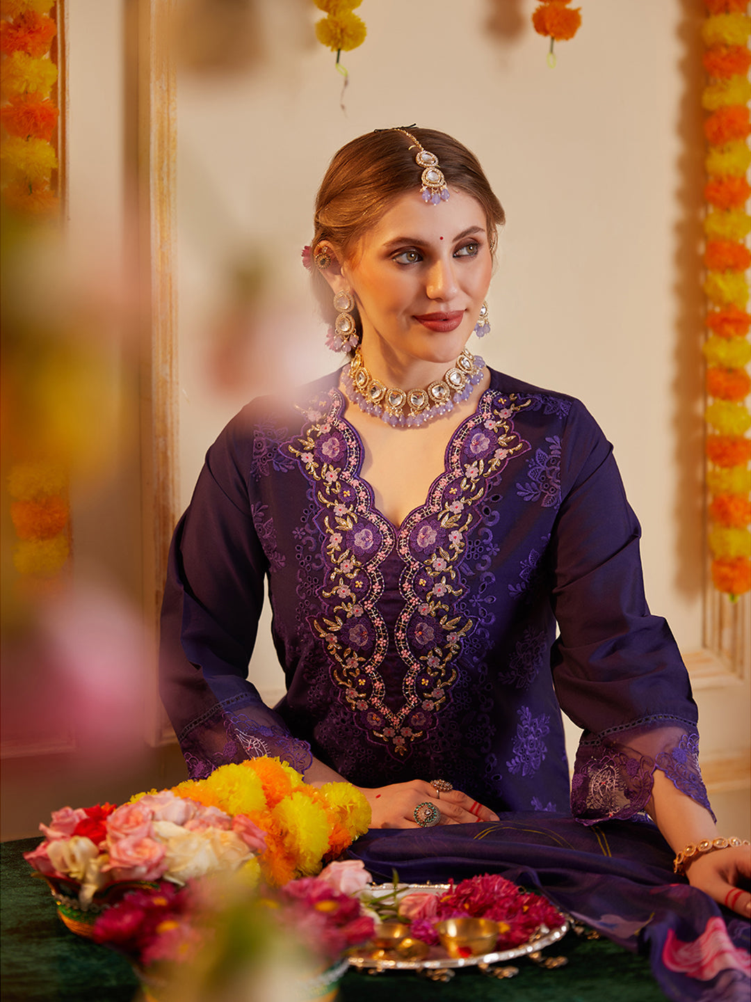 Purple Schiffli and Multi Embroidered Kurta Set with Floral Printed Dupatta