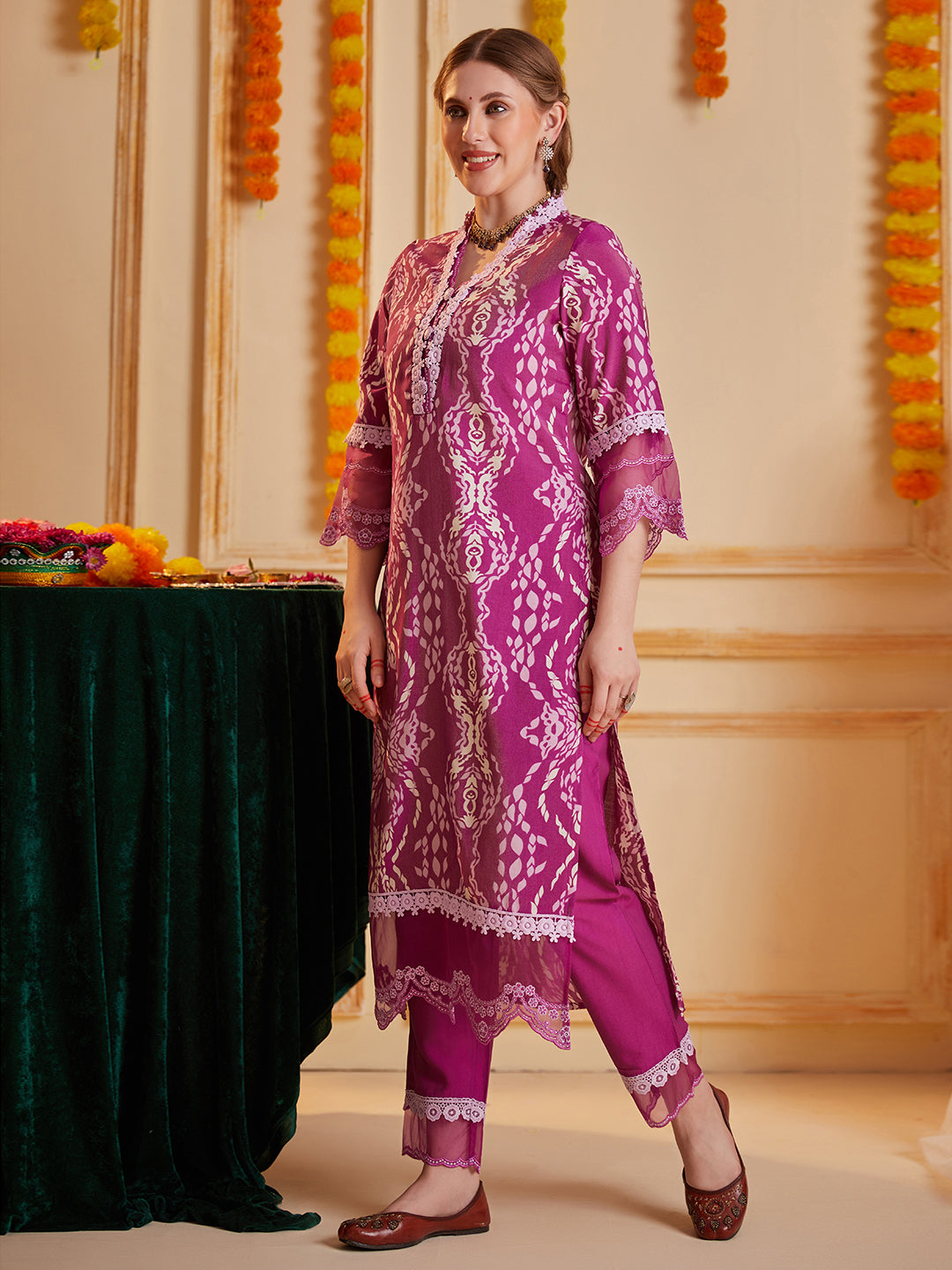 Purple Abstract Printed Kurta Set with Organza Dupatta