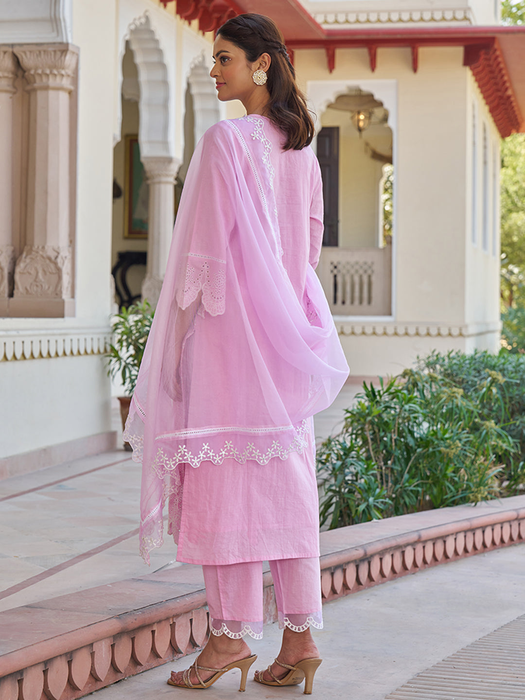 Pink Schiffli Embroidered Cotton Kurta Set with Organza Dupatta
