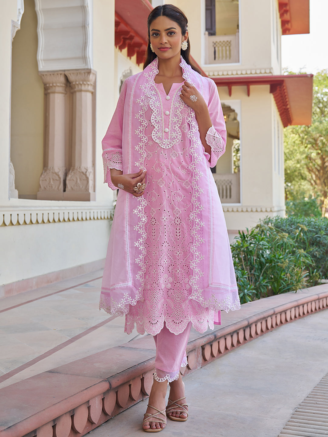 Pink Schiffli Embroidered Cotton Kurta Set with Organza Dupatta