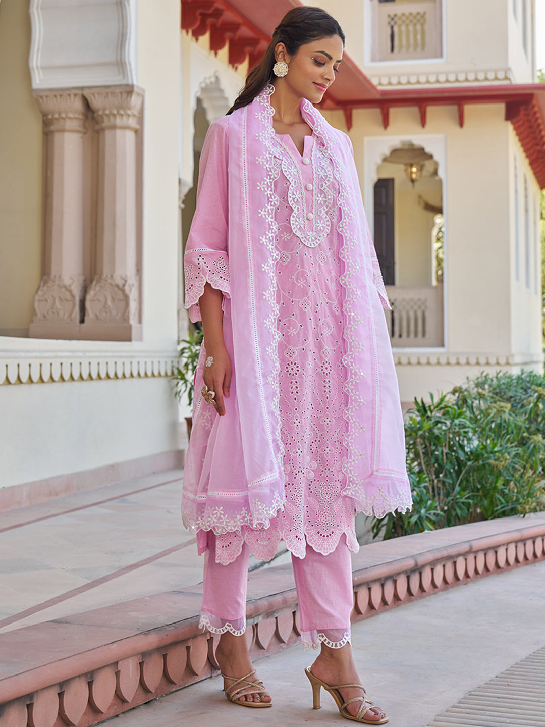Pink Schiffli Embroidered Cotton Kurta Set with Organza Dupatta