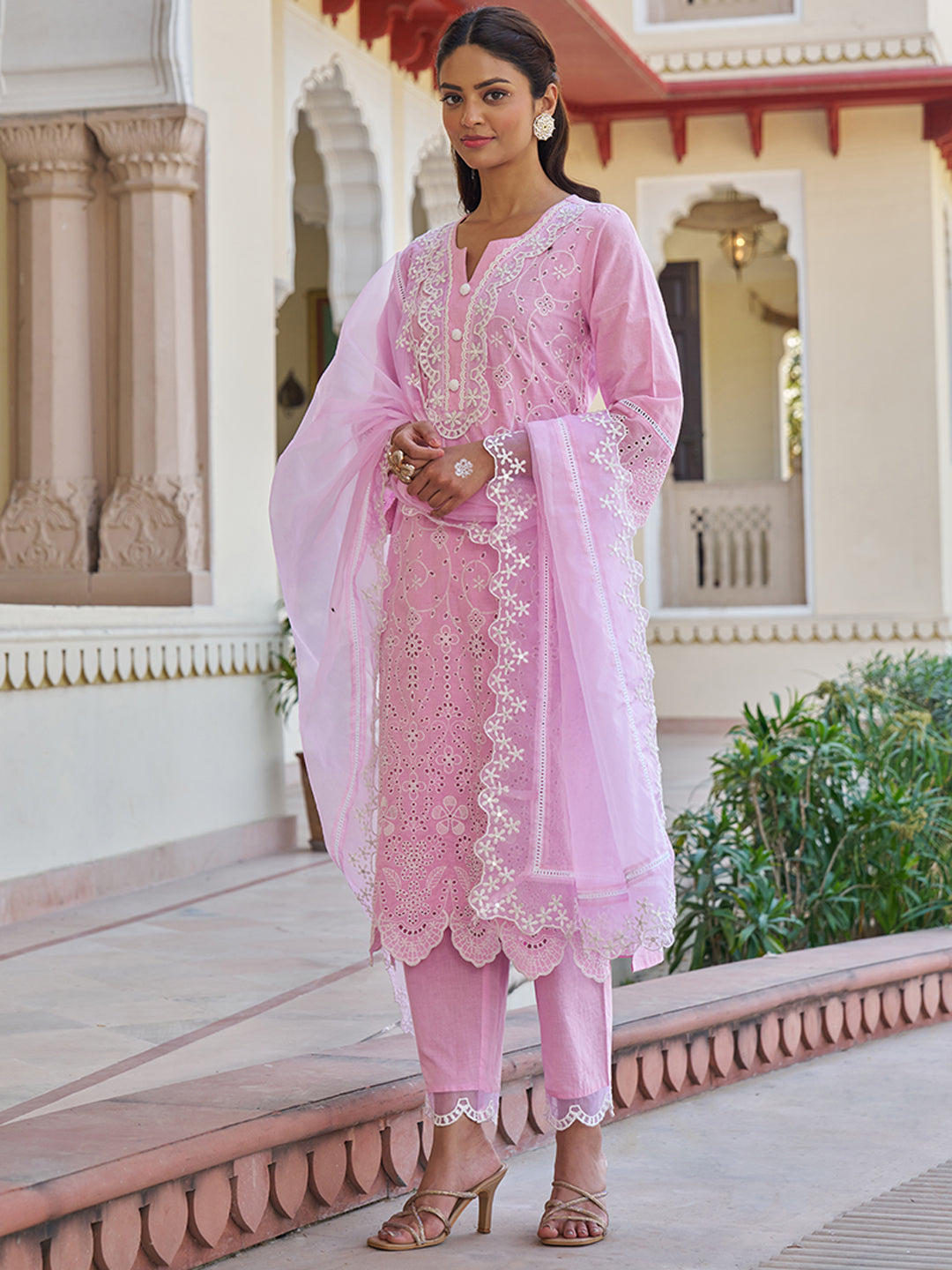 Pink Schiffli Embroidered Cotton Kurta Set with Organza Dupatta