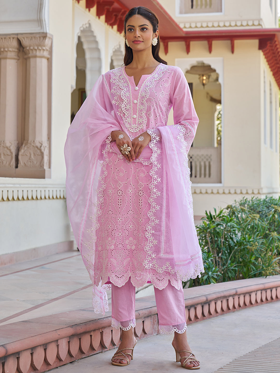 Pink Schiffli Embroidered Cotton Kurta Set with Organza Dupatta