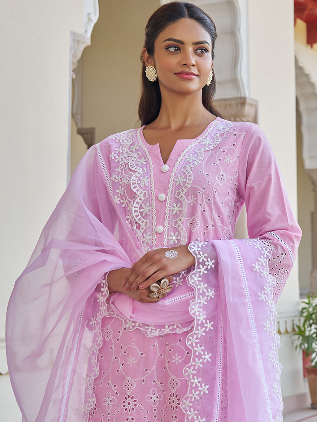 Pink Schiffli Embroidered Cotton Kurta Set with Organza Dupatta