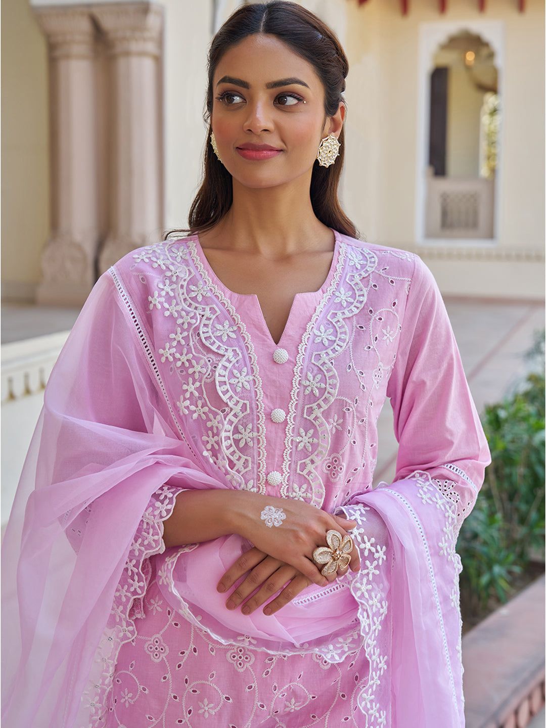 Pink Schiffli Embroidered Cotton Kurta Set with Organza Dupatta