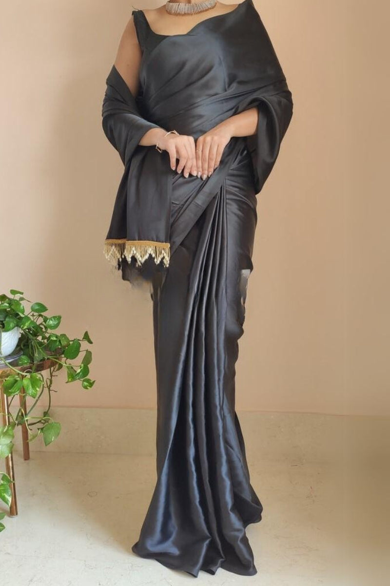 Timeless Charm in Satin Silk – Black Pre-Stitched Saree