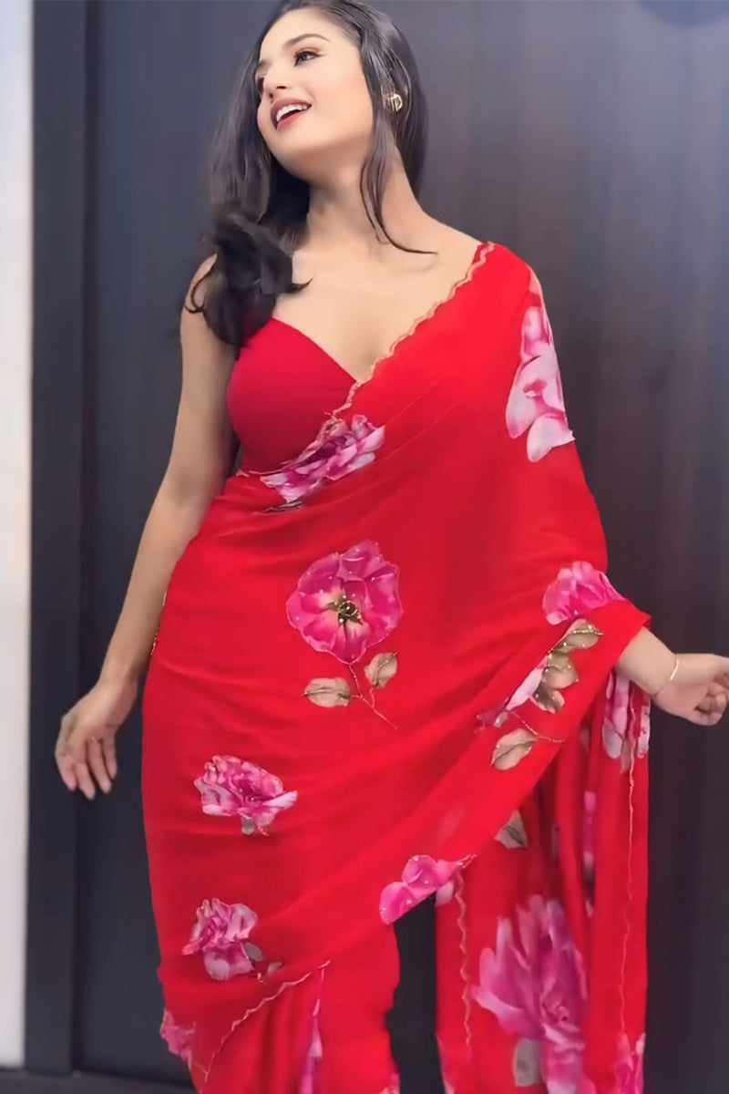 Red Georgette Pre-Stitched Saree with Handwork and Golden Lace Border