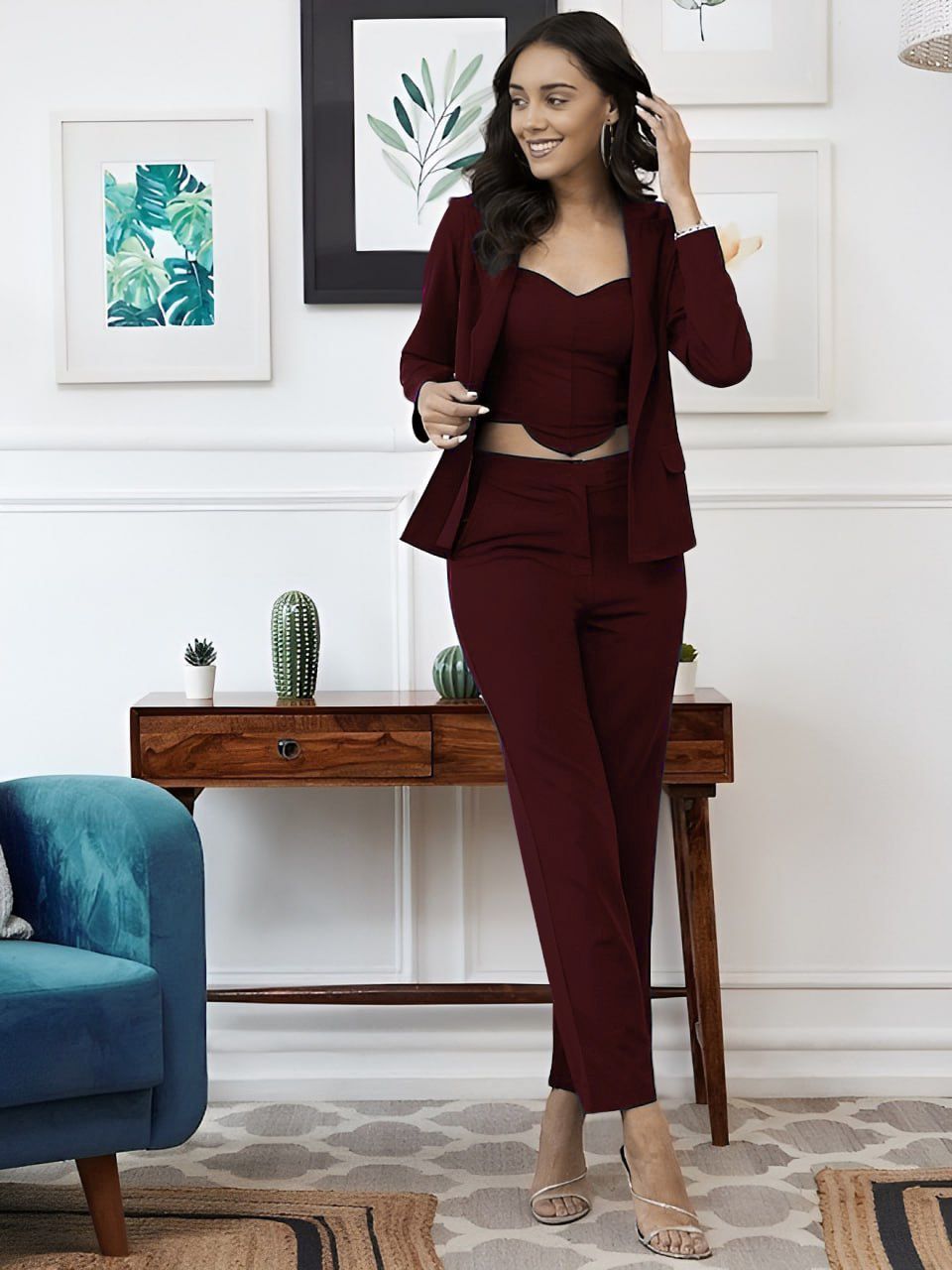 Elegant Black Blazer & Trouser Co-Ord Set with Crop Top