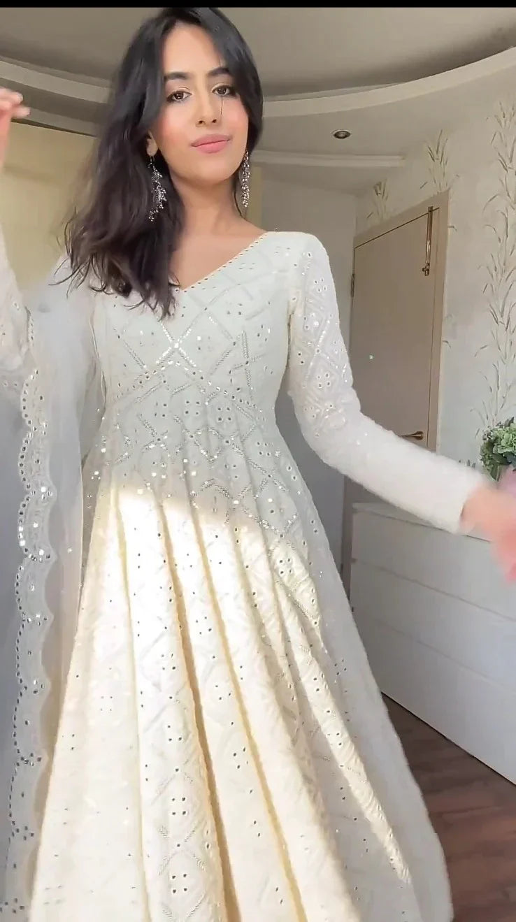 ANISKA WHITE EMBROIDERED GEORGETTE ANARKALI FULLY STITCHED SUIT SET