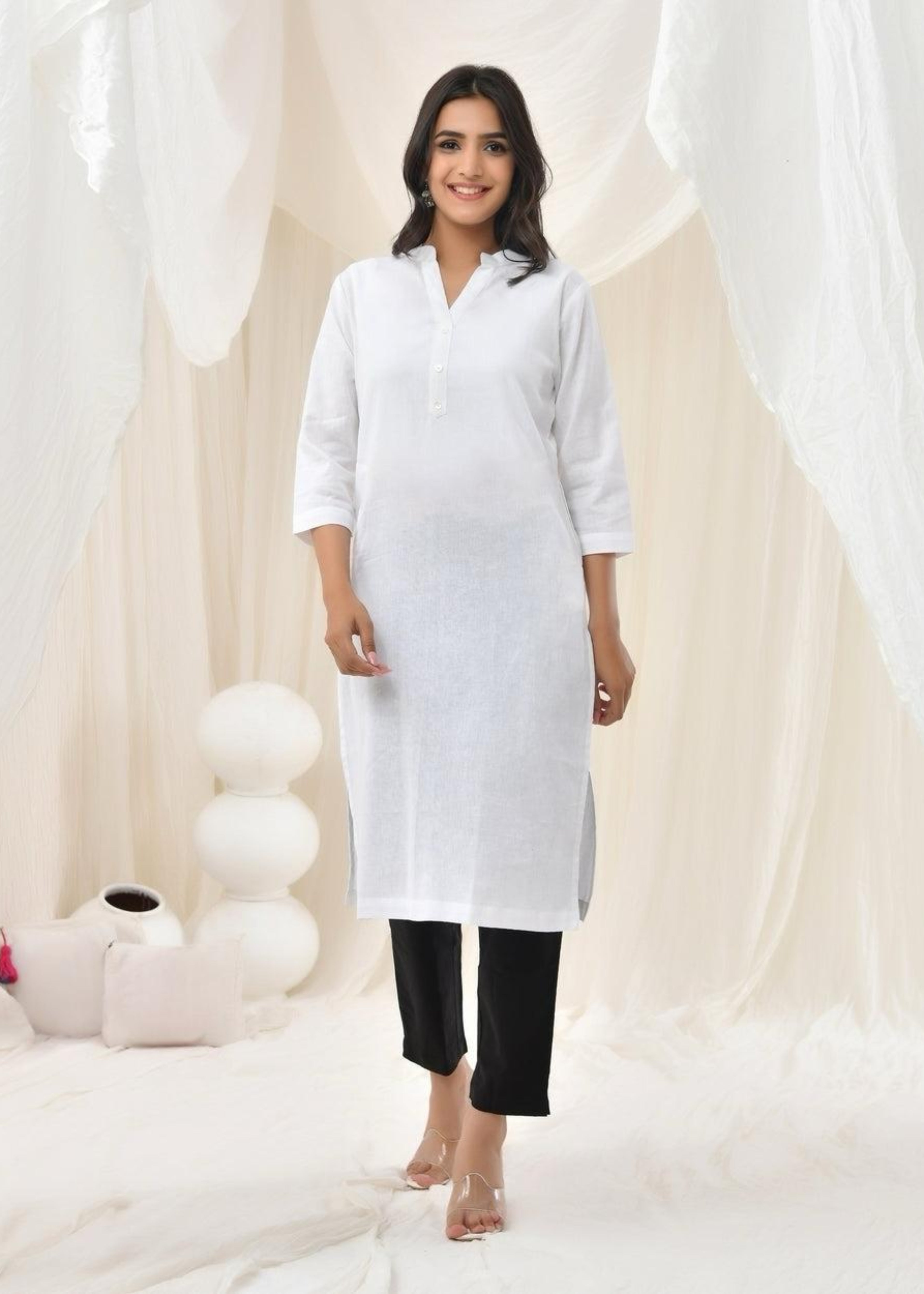 White Pure Cotton Long Kurta