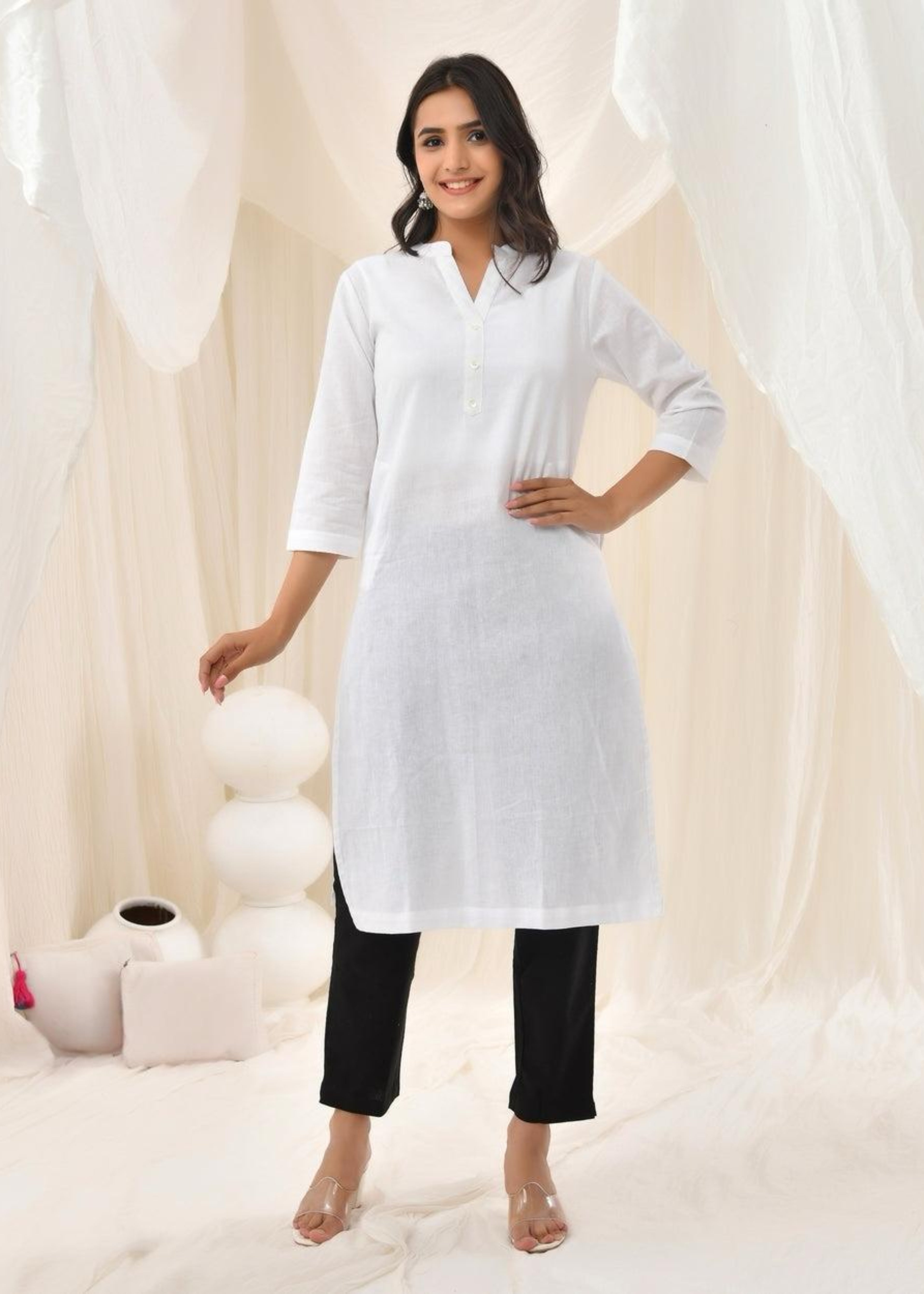 White Pure Cotton Long Kurta