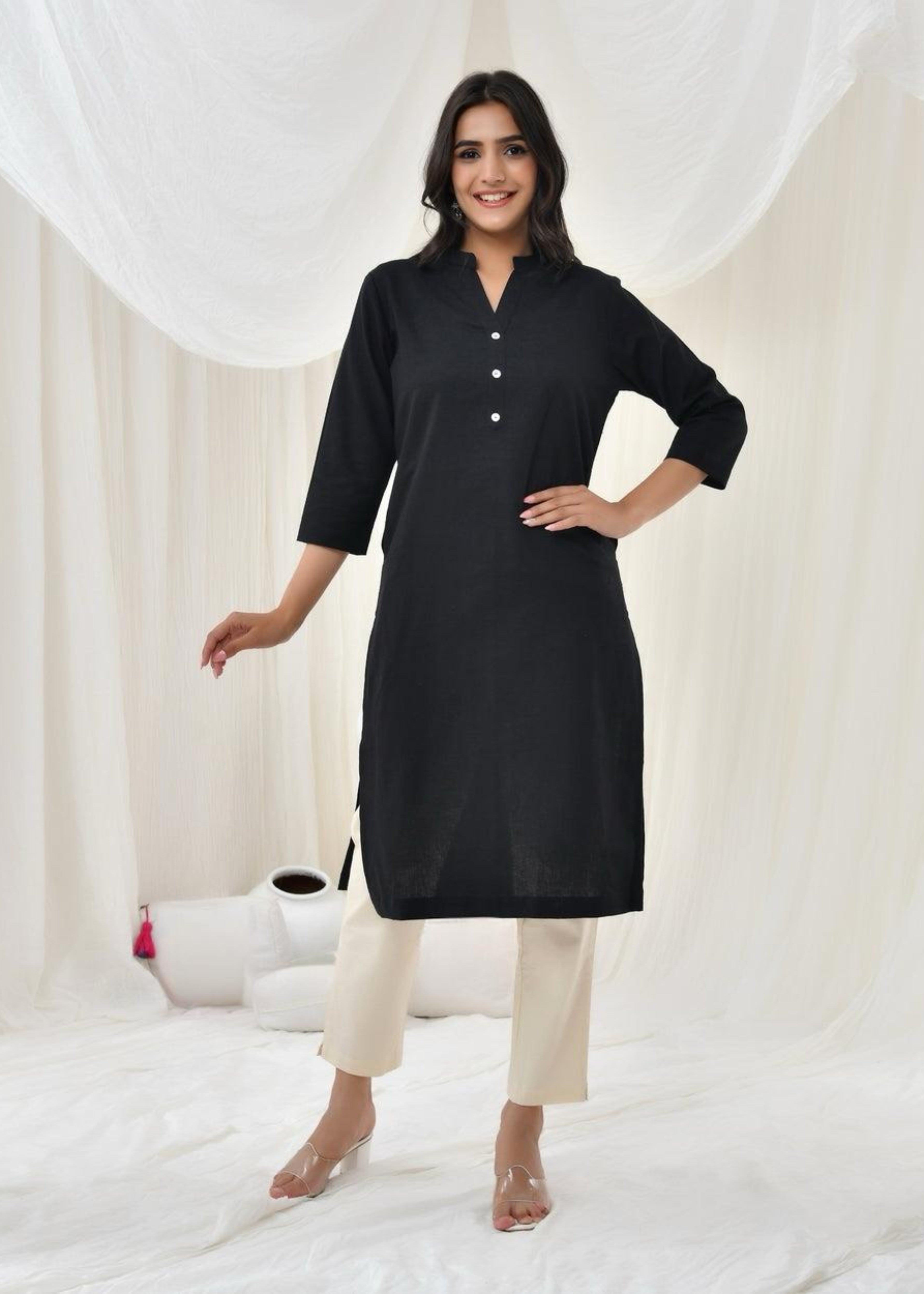 Black Pure Cotton Long Kurta