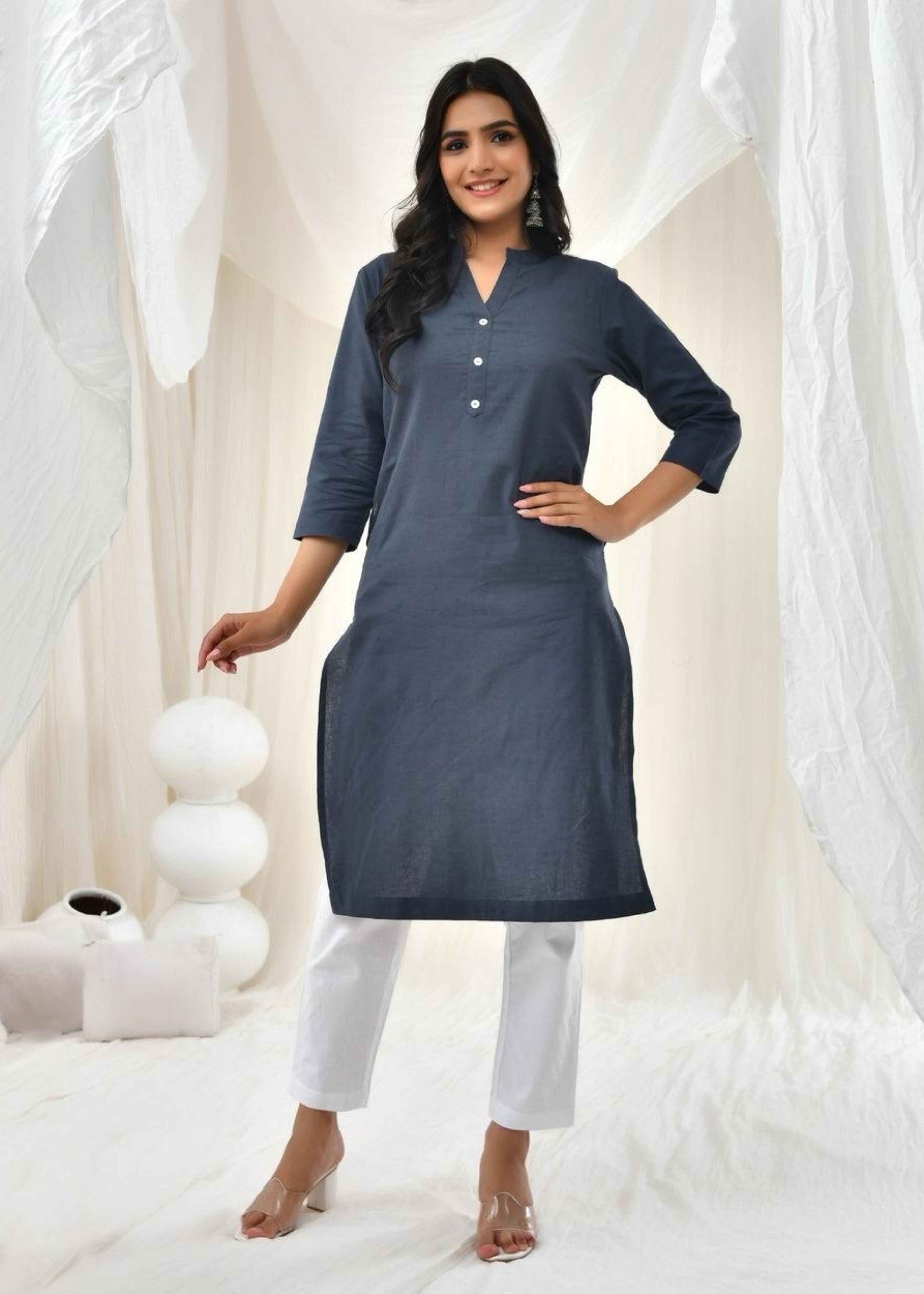 Cement Grey Pure Cotton Long Kurta
