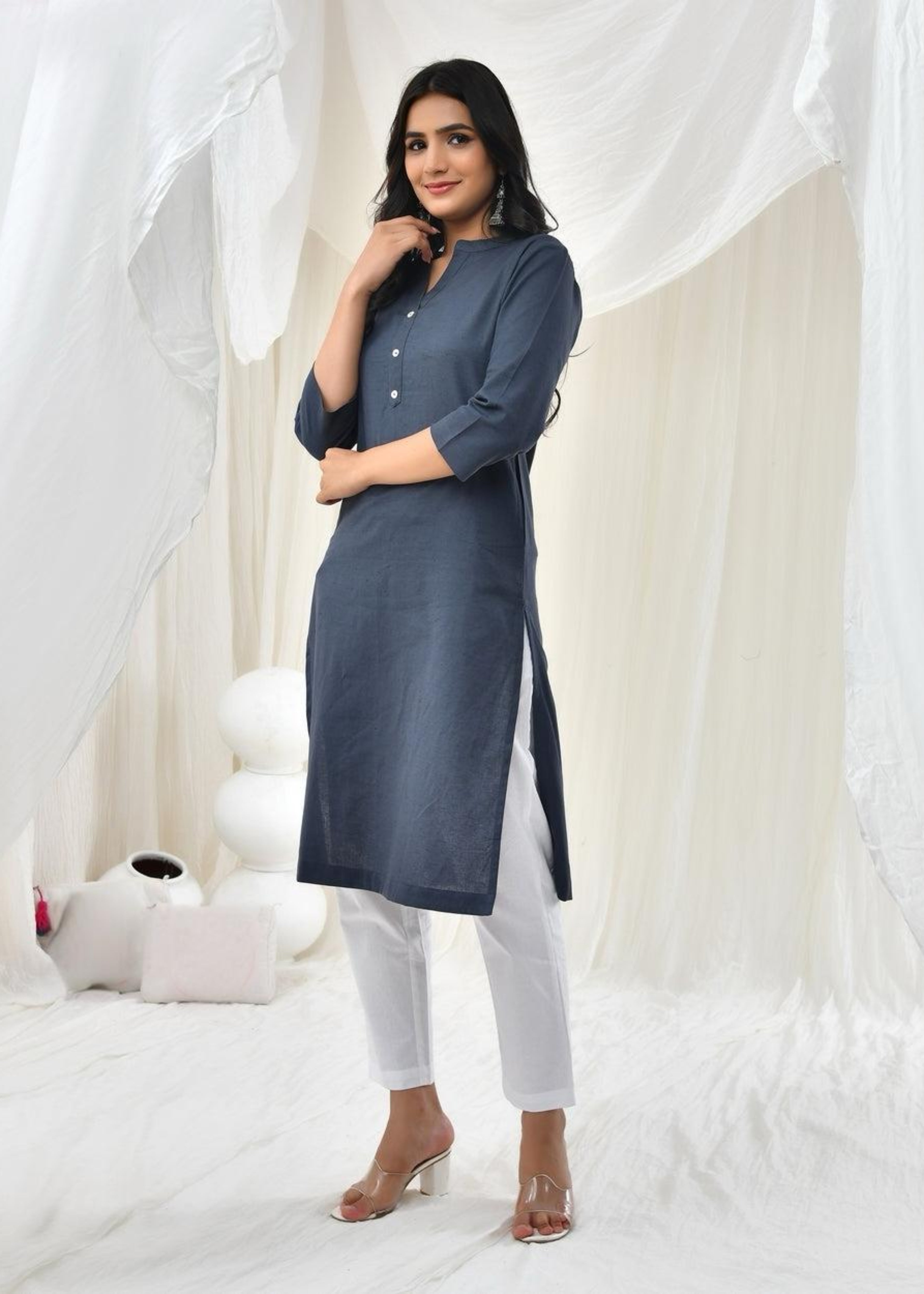 Cement Grey Pure Cotton Long Kurta