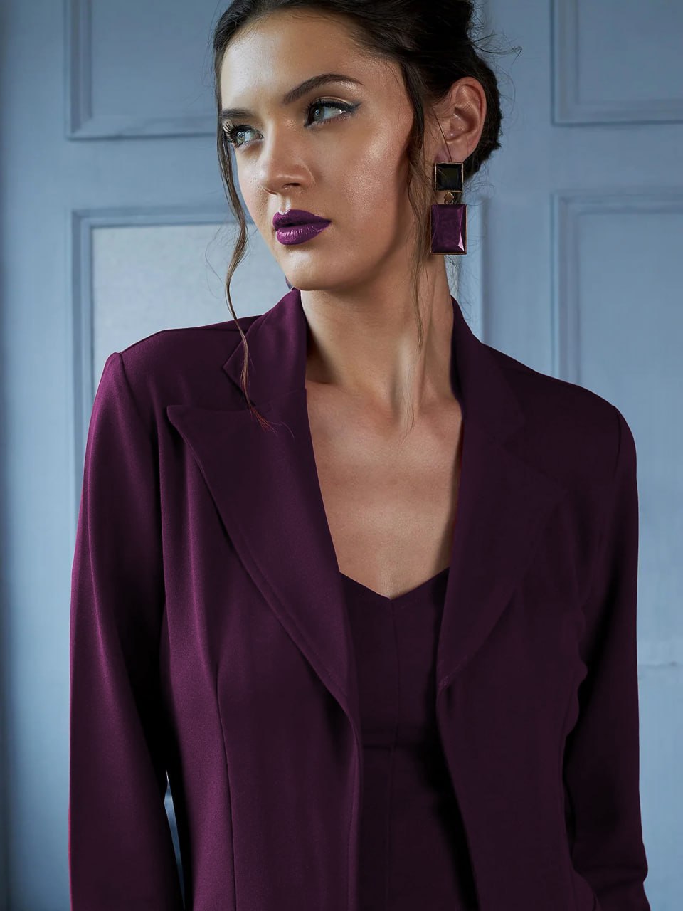Wine Maroon Power Co-Ord Set with Blazer & Crop Top
