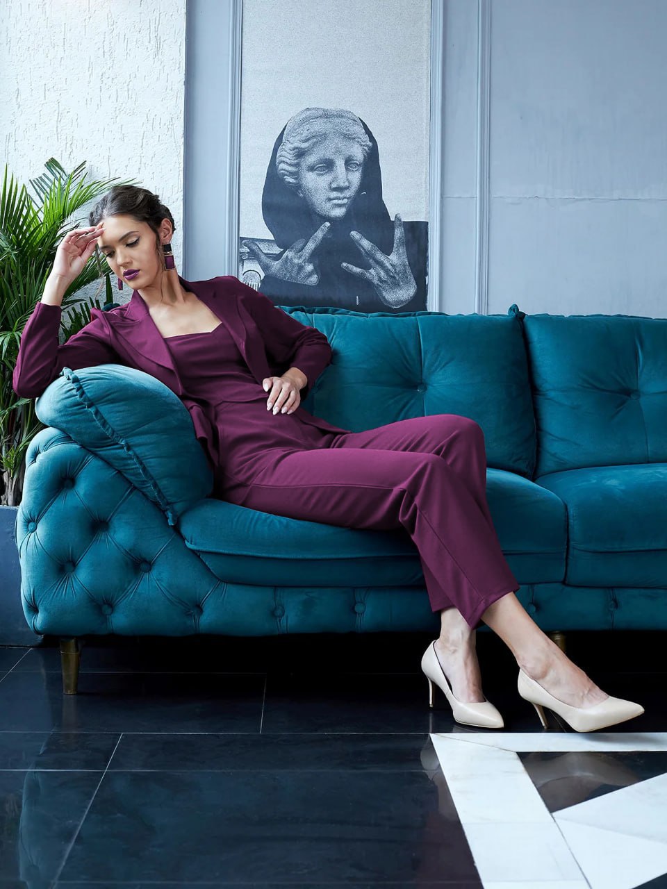 Wine Maroon Power Co-Ord Set with Blazer & Crop Top