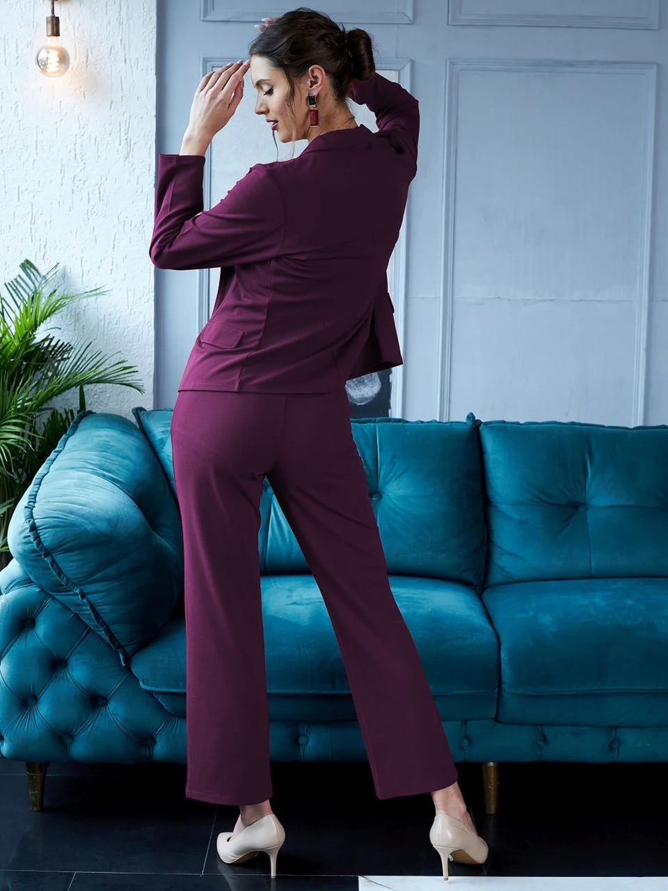 Wine Maroon Power Co-Ord Set with Blazer & Crop Top