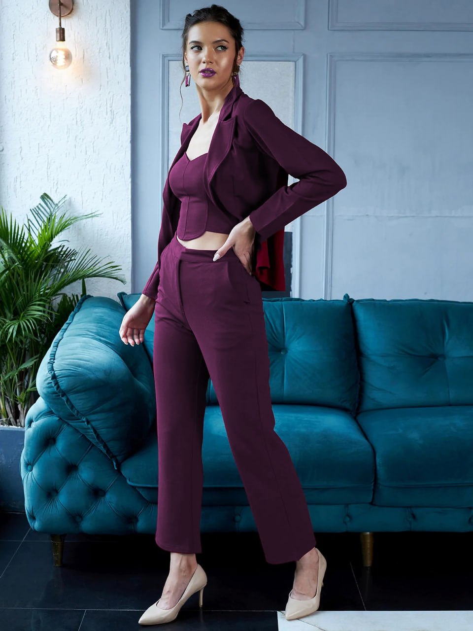 Wine Maroon Power Co-Ord Set with Blazer & Crop Top