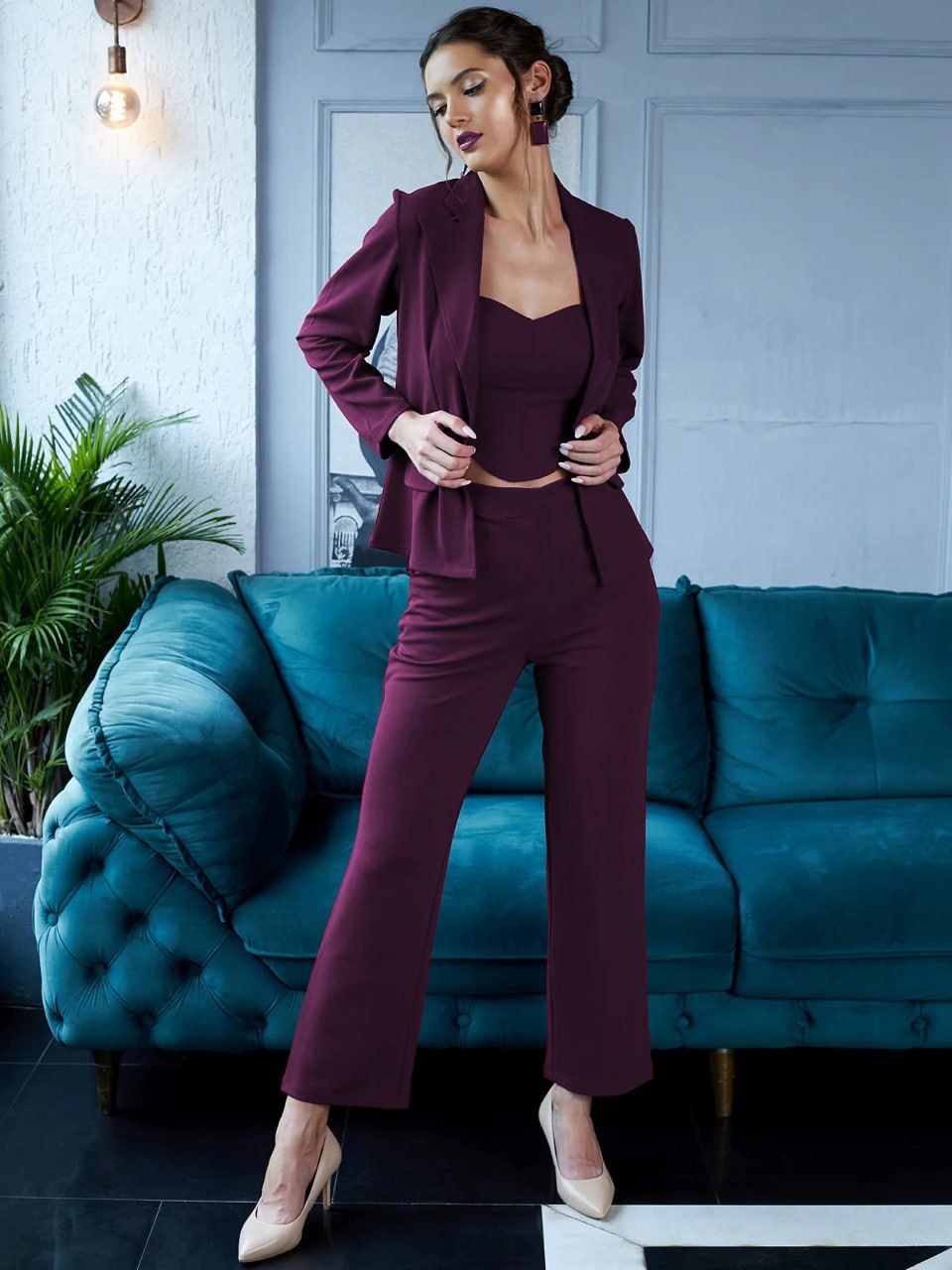 Wine Maroon Power Co-Ord Set with Blazer & Crop Top