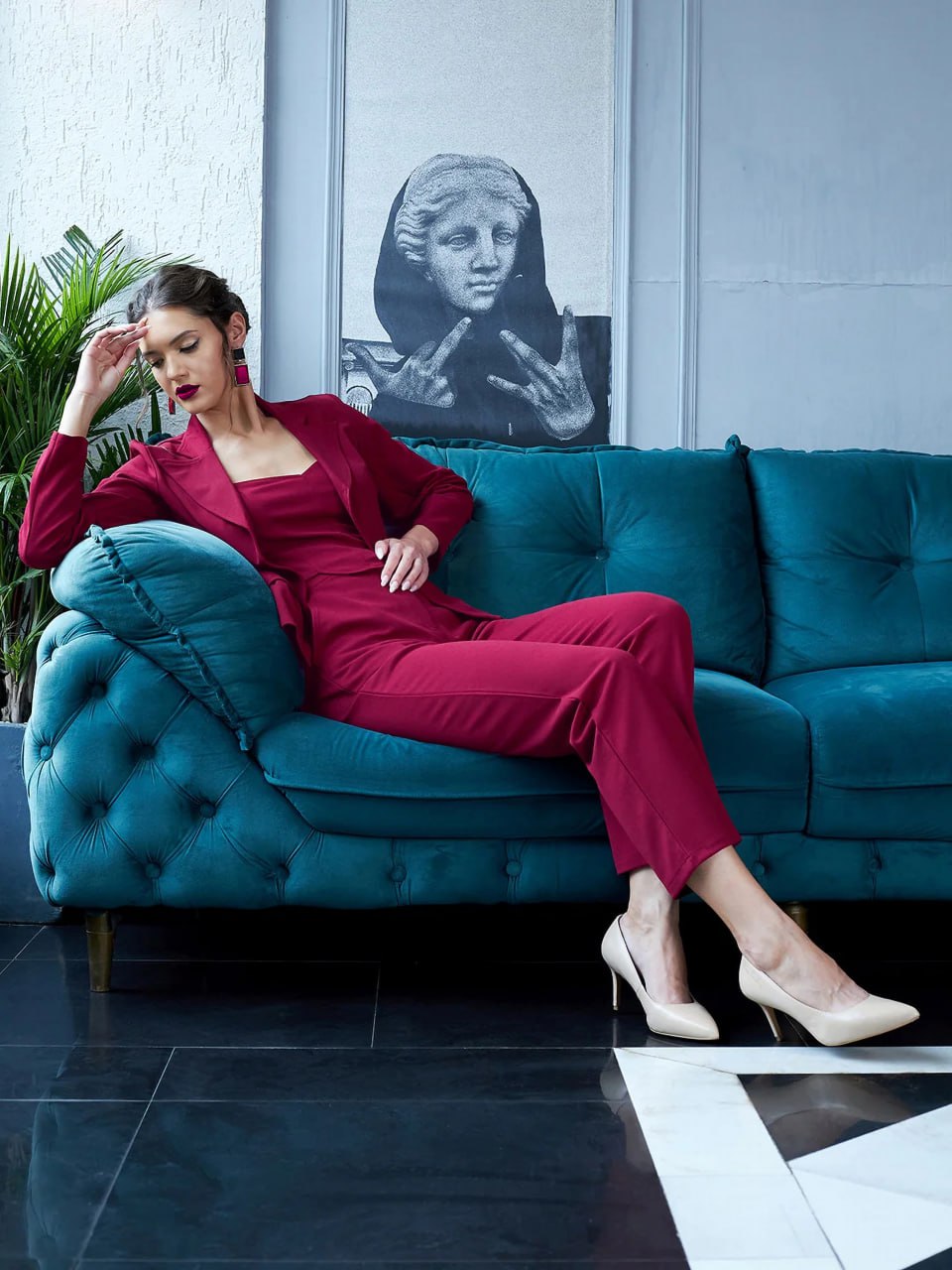 Fuchsia Pink Power Co-Ord Set with Blazer & Crop Top