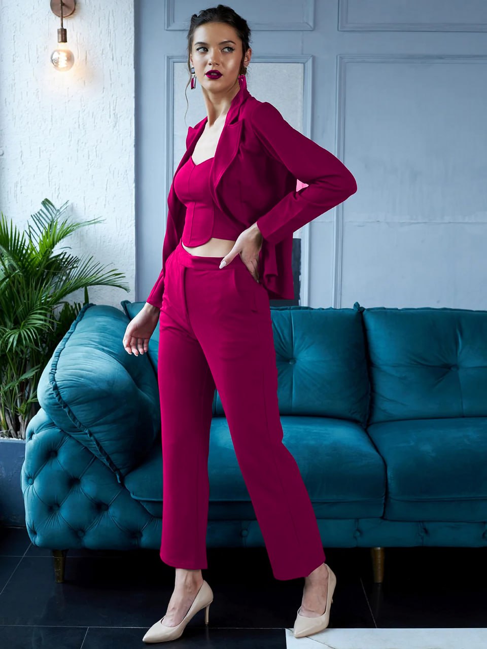 Fuchsia Pink Power Co-Ord Set with Blazer & Crop Top