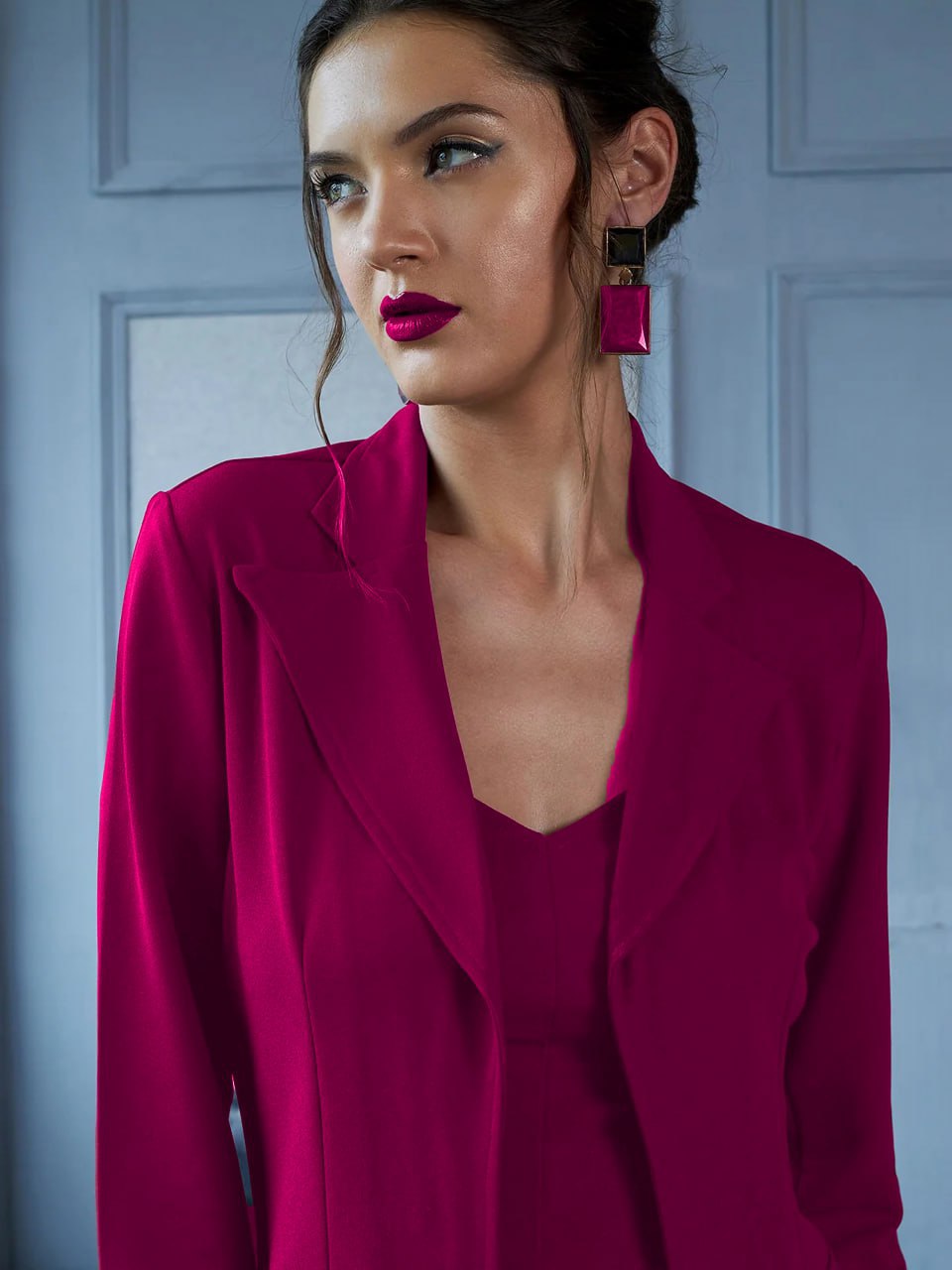 Fuchsia Pink Power Co-Ord Set with Blazer & Crop Top