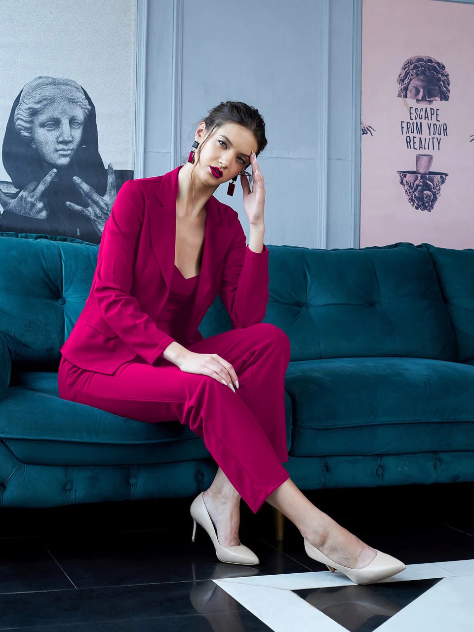 Fuchsia Pink Power Co-Ord Set with Blazer & Crop Top