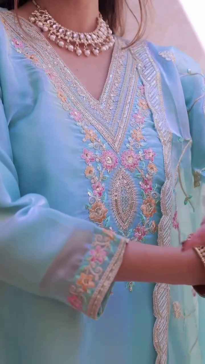 Sky Blue Embroidered Silk Suit Set – Trending Festive Look 2025