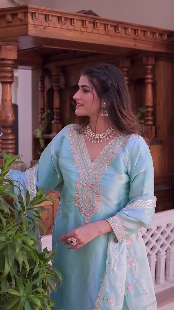 Sky Blue Embroidered Silk Suit Set – Trending Festive Look 2025